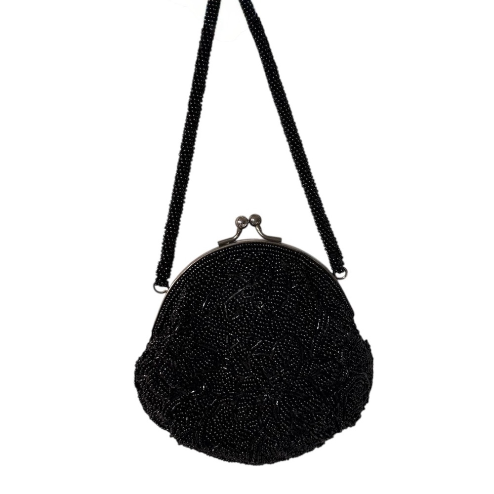 Beaded Evening Bag Black Formal Cocktail Vintage Mini Purse Kiss Lock La Regale